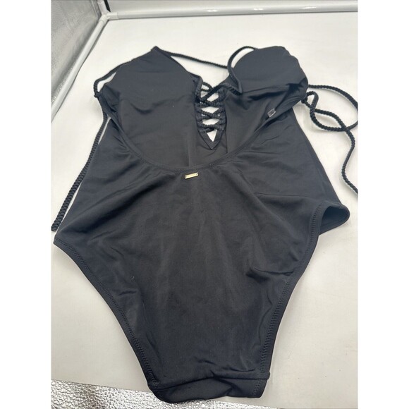 Victoria Secret Black One Piece Deep V Neck Braided Tie Bathing Suit Sz Large - Picture 3 of 5
